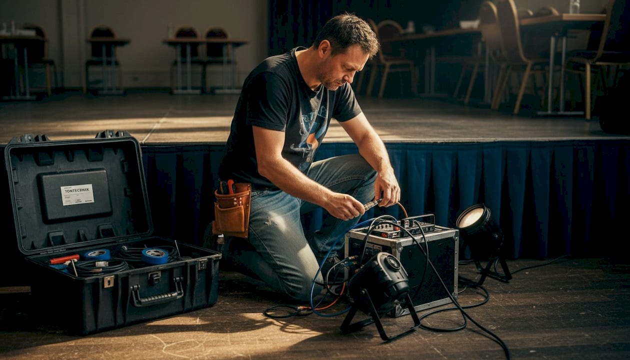 Der Tontechniker bereitet das Equipment hinter der Bühne vor.