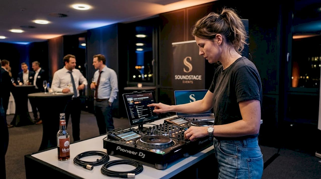 Bei einer Firmenveranstaltung bringt eine DJane ihr Mischpult auf den neuesten Stand und sorgt für den perfekten Sound.