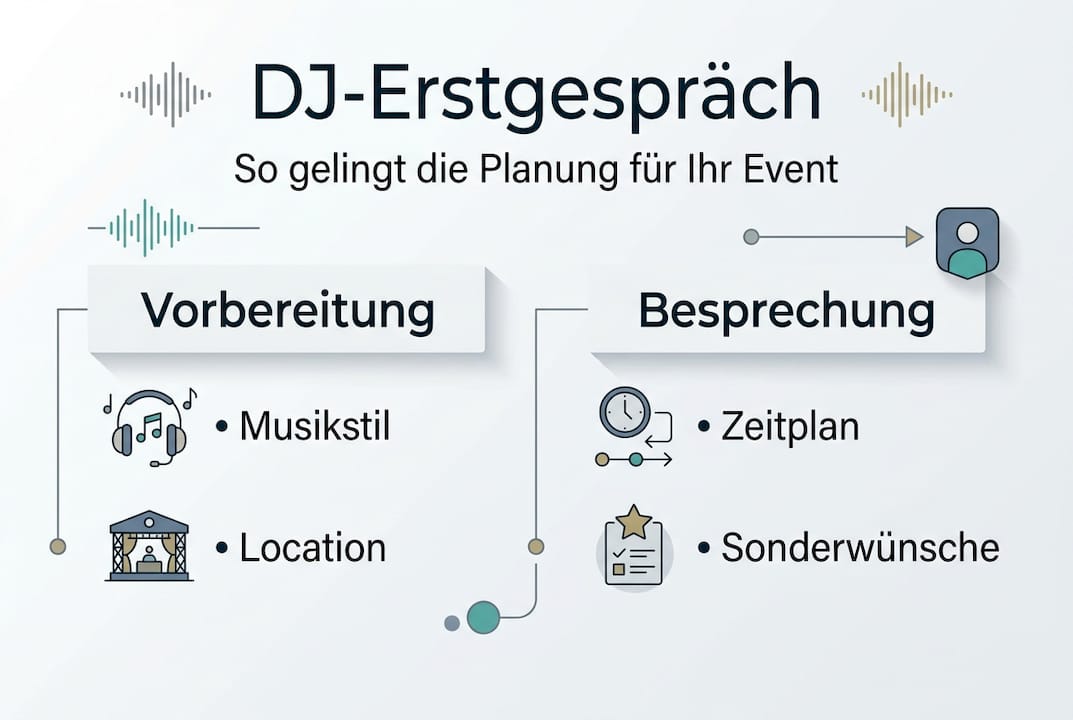 Erstgespräch mit DJ: So gelingt die perfekte Eventplanung 3 Übersicht: Wichtige Themen fürs erste DJ-Gespräch – Die wichtigsten Planungspunkte auf einen Blick