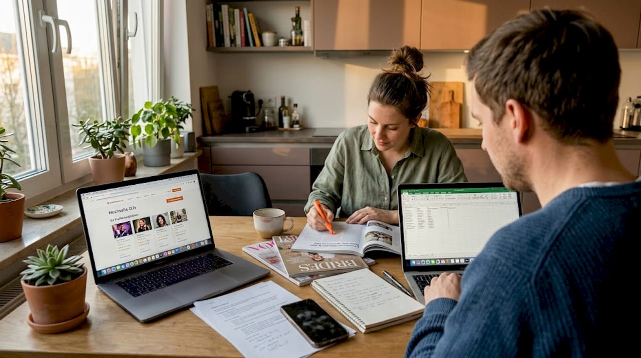 Ein Paar sitzt zu Hause und stellt eine Liste mit potenziellen DJs für ihre Hochzeit zusammen.