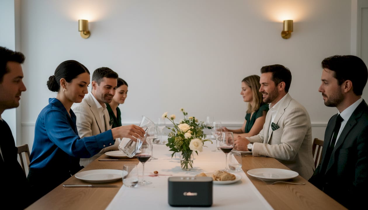 Musik und DJ-Konzepte für Events in München 3 Gemütliches Beisammensein bei einem entspannten Abendessen, untermalt von leiser Musik.