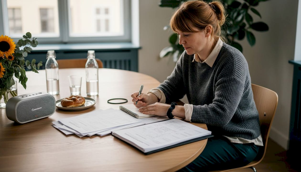 Eine Frau sitzt am Tisch und prüft die Unterlagen für eine DJ-Veranstaltung.