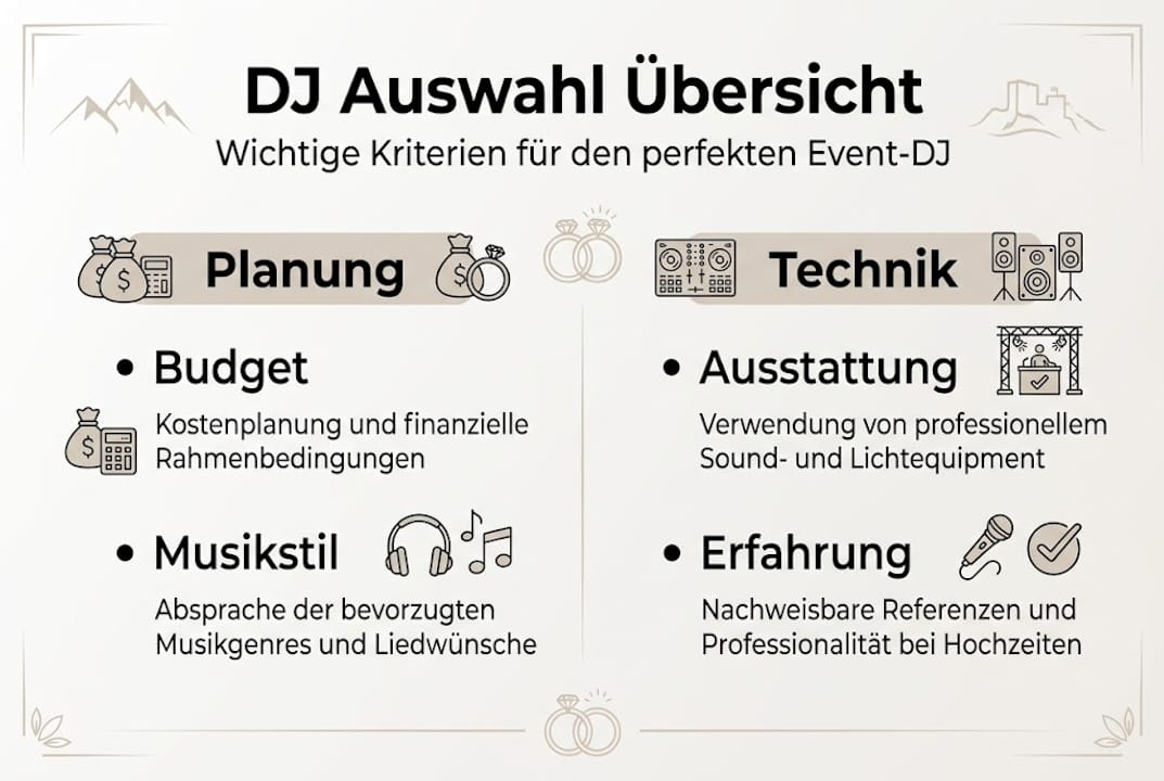 Die Infografik bietet einen klaren Überblick über die wichtigsten Kriterien zur DJ-Auswahl.
