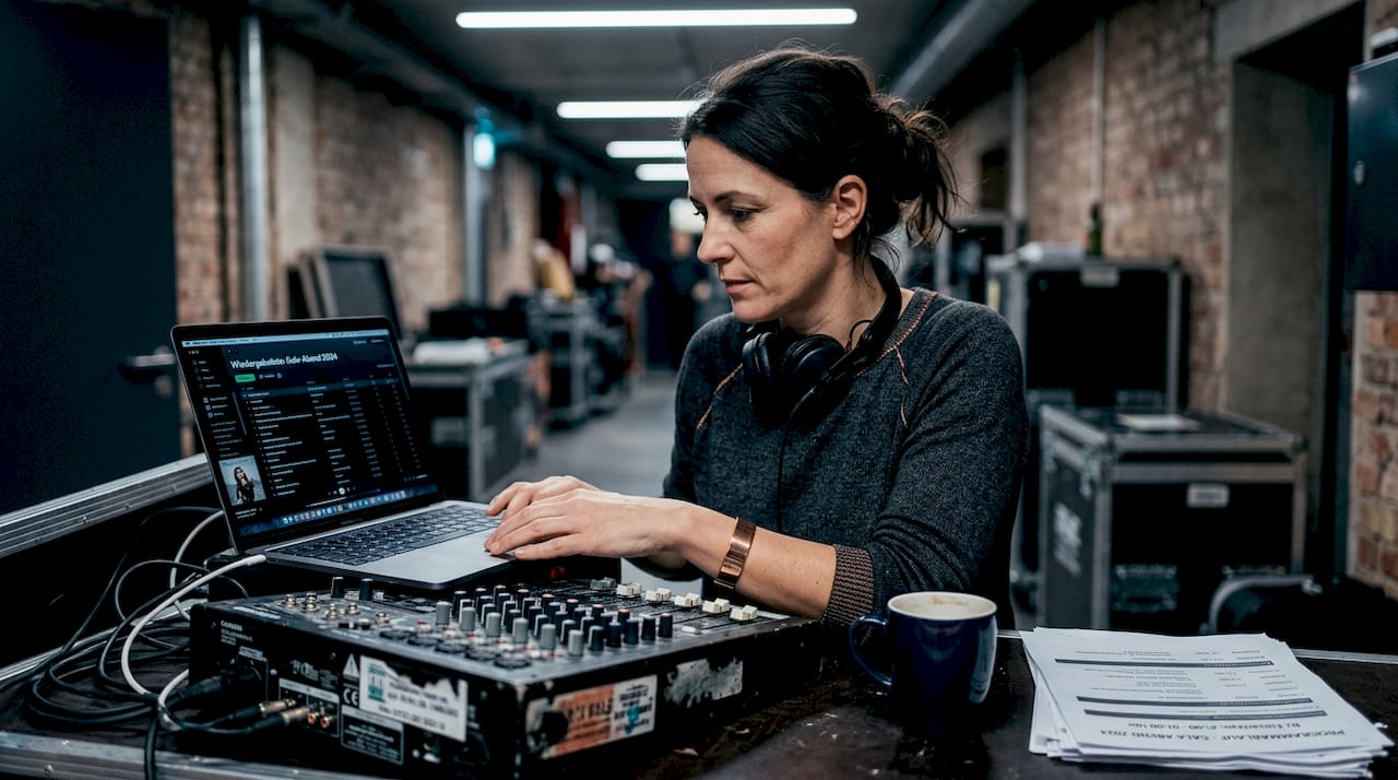 Der DJ wirft hinter der Bühne im Veranstaltungsort noch einmal einen Blick auf seine Playlist.