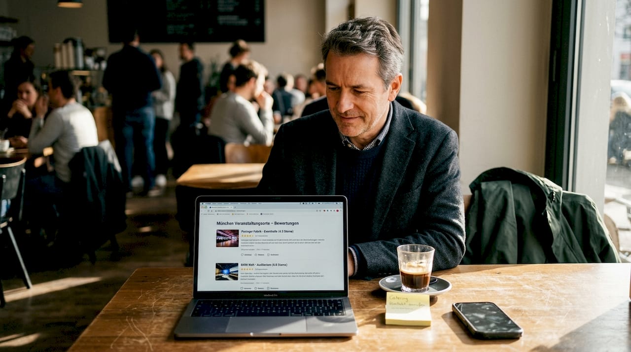 Ideale Eventlocation in München finden und buchen 3 Ein Veranstaltungsplaner checkt im Café die Bewertungen verschiedener Locations in München.