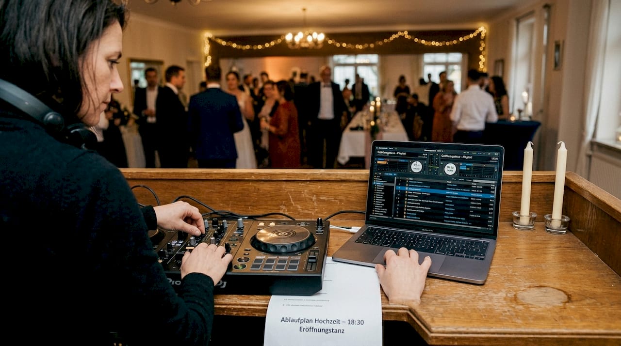 Warum Professionelle Soundanlagen Ihr Event Unvergesslich Machen 2 DJ stellt die passende Musikauswahl fürs Event zusammen und kümmert sich um den perfekten Sound.