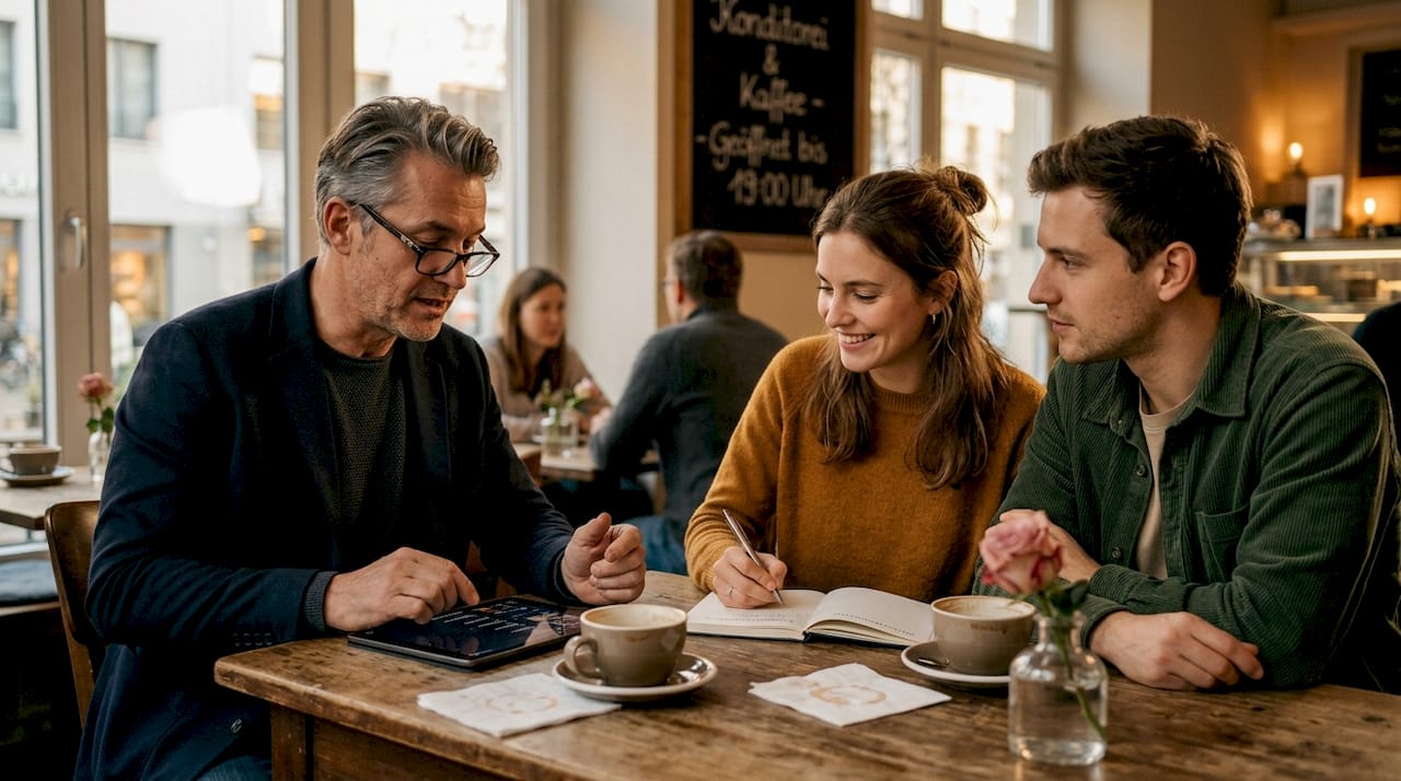 Ein DJ berät das Brautpaar bei der Auswahl der passenden Musik für ihre Hochzeit.