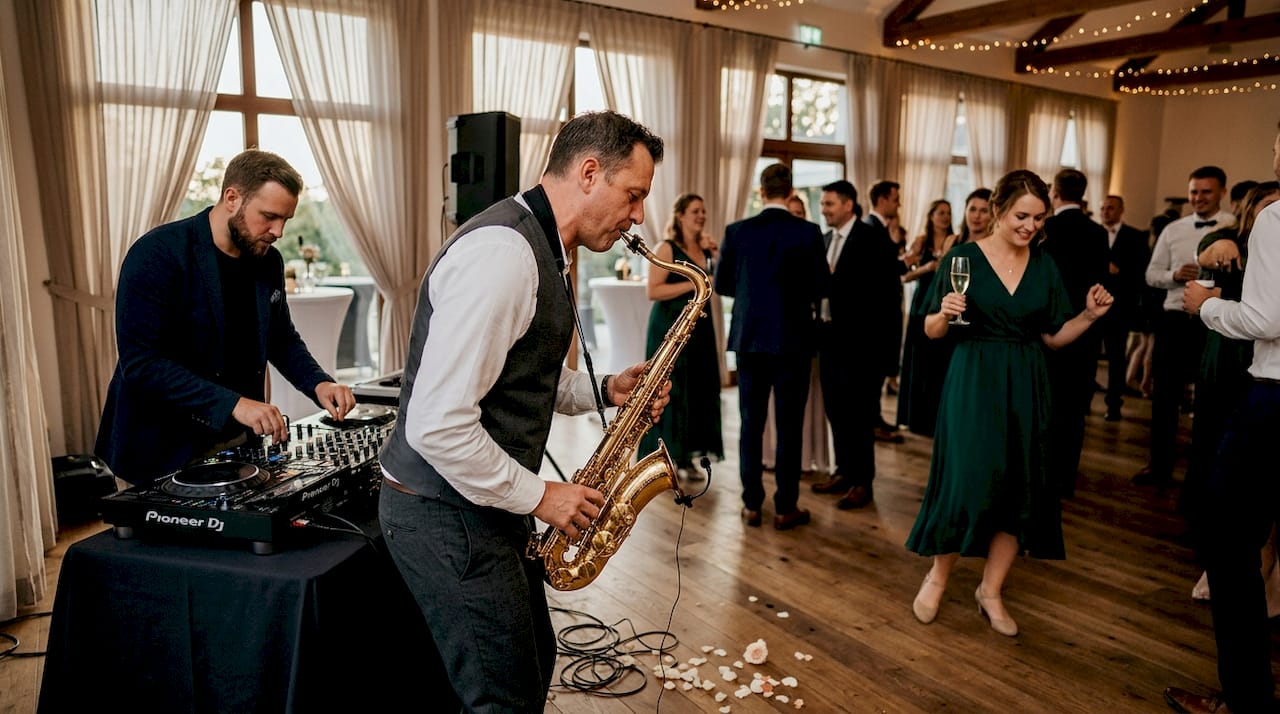 Bei der Hochzeit sorgen DJ und Saxophonist gemeinsam mit einem einzigartigen Live-Set für Stimmung – elektronische Beats treffen auf mitreißende Saxophonklänge.