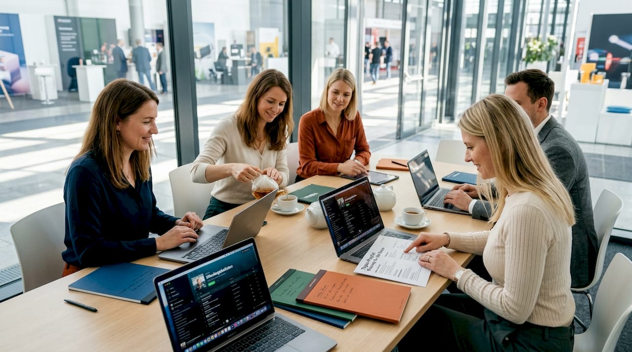 Das Standteam stellt gemeinsam am Tisch eine Playlist für die Messe zusammen.