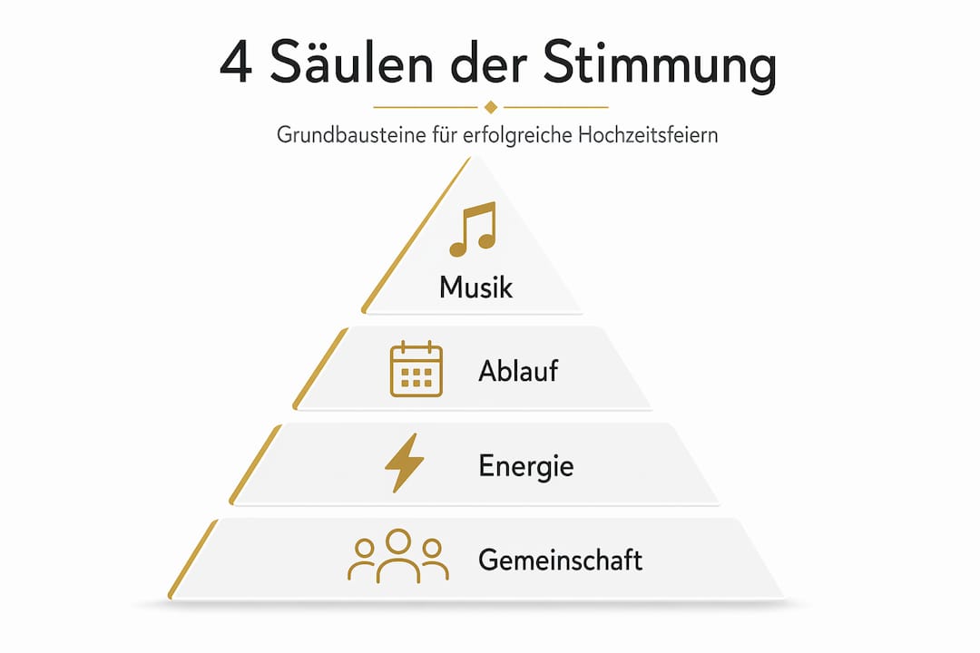 Stimmung auf Hochzeiten gezielt erzeugen: So gelingt es 3 Grafik mit vier zentralen Säulen: Musik, Struktur, Energie und Gemeinschaft – die wichtigsten Elemente auf einen Blick.
