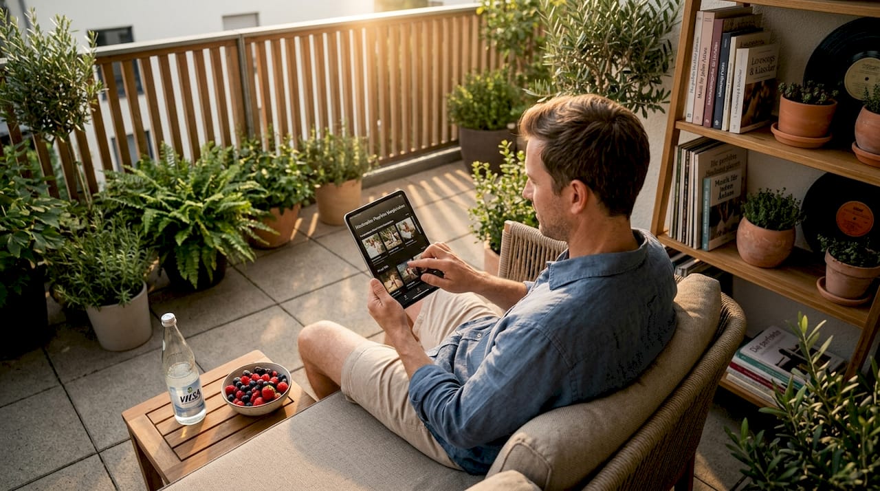 Ein Mann sitzt entspannt auf dem Sofa und bedient eine Musik-App auf seinem Tablet.