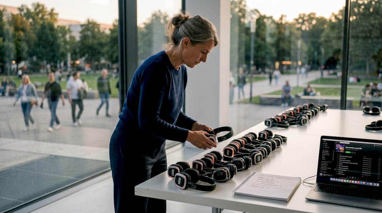 Was ist ein Silent-Disco-Event? Erlebnis erklärt 2 Die Organisatorin testet Kopfhörer im Gemeinschaftshaus.