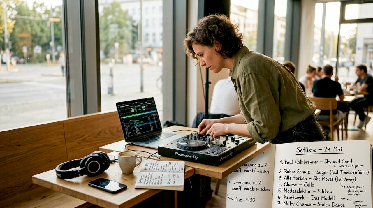 Ein DJ legt drinnen auf und mixt dabei verschiedene Musikrichtungen zu einem abwechslungsreichen Set.