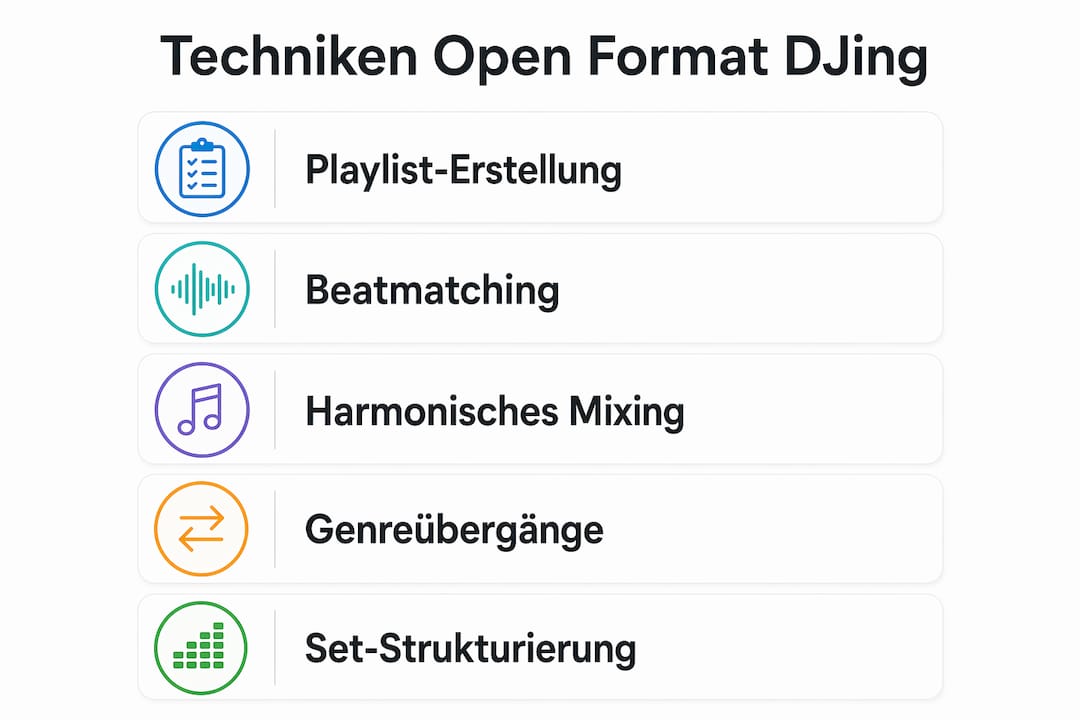 In dieser Infografik werden die wichtigsten Techniken für erfolgreiches Open Format DJing anschaulich dargestellt.