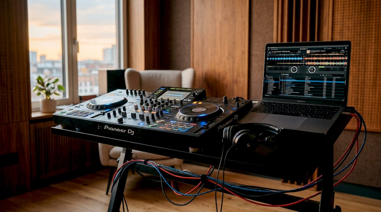 Auf dem Tisch stehen DJ-Equipment und Lichttechnik bereit.