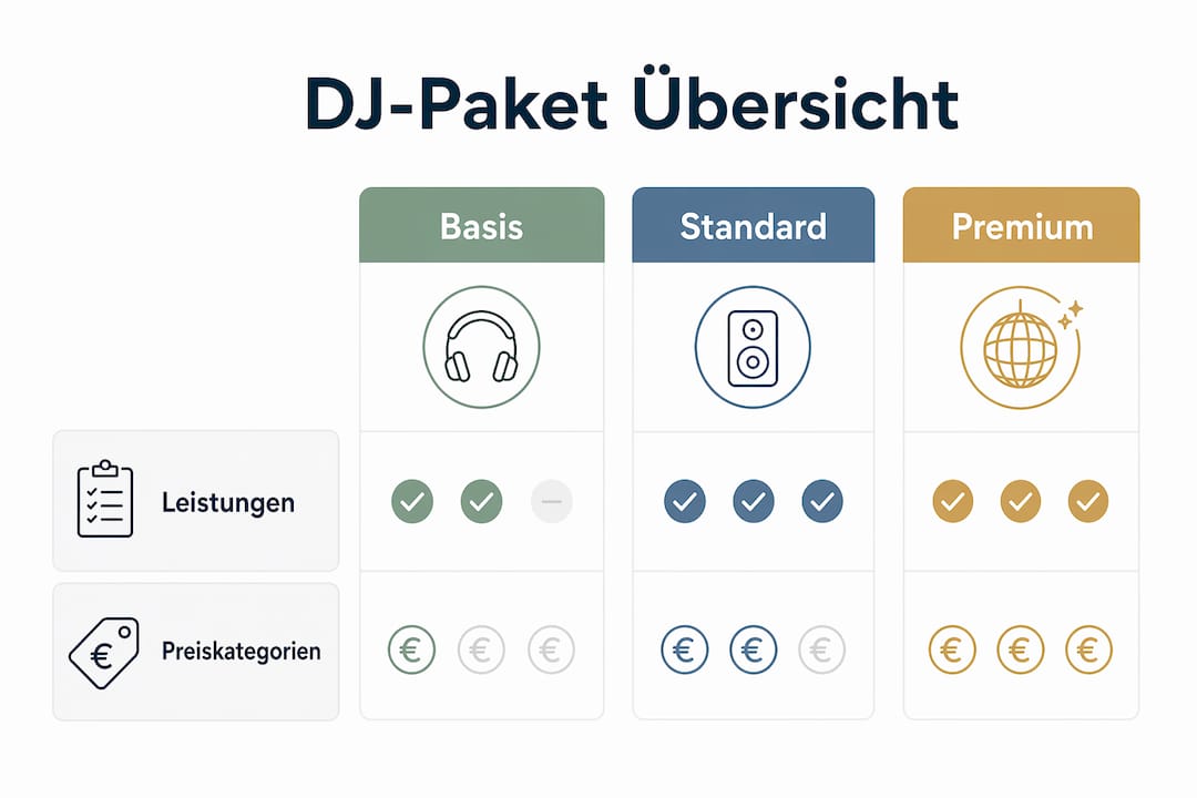 Die Infografik bietet einen klaren Überblick über die verschiedenen DJ-Pakete und deren Besonderheiten.