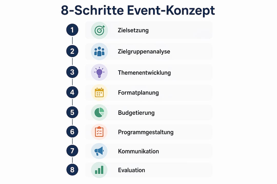 Definition Event-Konzept: Aufbau, Methoden und Praxis 3 Übersichtsgrafik: Die 8 wichtigsten Schritte zur erfolgreichen Eventplanung