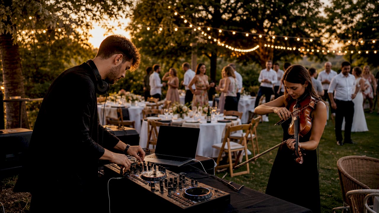 Was umfasst Musikplanung bei Hochzeiten und Events? 3 DJ und Geiger stimmen sich gemeinsam vor dem Event am Veranstaltungsort ab.