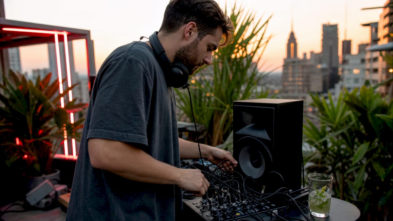 Corporate Events Musiktrends 2025: Was wirklich zählt 2 Auf der Dachterrasse eines Firmen-Events baut der DJ sein Equipment auf und bereitet die Technik für den Abend vor.