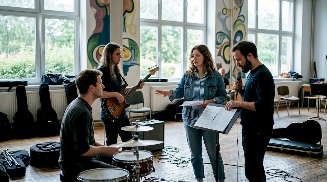 Arten von Eventmusik: Der Überblick für dein Event 2026 2 Der Veranstaltungsorganisator stimmt sich im Tonstudio mit der Live-Band ab.