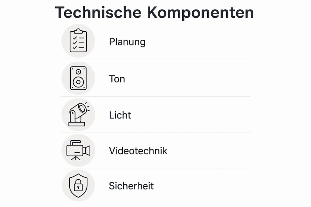 Warum Veranstaltungstechnik wichtig ist: 2026 Guide 3 Die Infografik veranschaulicht die wichtigsten technischen Elemente der Veranstaltungstechnik – übersichtlich in fünf Schritten dargestellt.