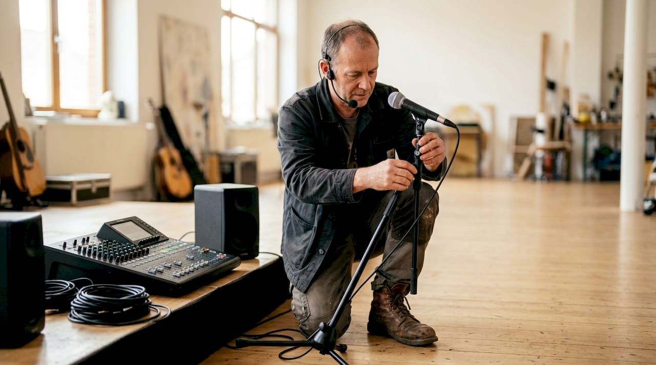 Ablauf Live-Musik Integration: Leitfaden für Veranstalter 2 Beim Aufbau der Bühne sind die Tontechniker dafür verantwortlich, dass alle Mikrofone, Lautsprecher und Kabel richtig installiert und angeschlossen werden. Sie sorgen dafür, dass der Sound von Anfang an perfekt sitzt und alles reibungslos funktioniert.
