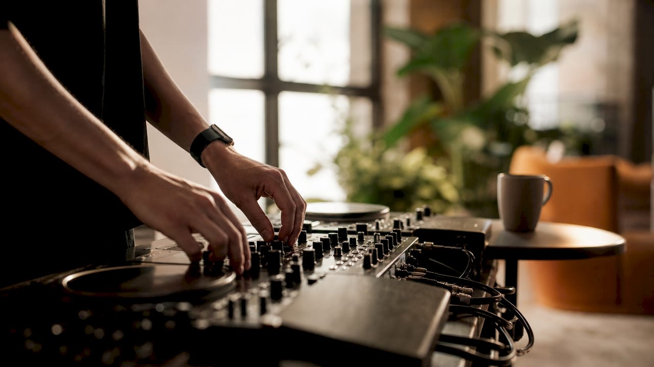 Ein Techniker bringt das DJ-Equipment auf den neuesten Stand und sorgt dafür, dass der Sound optimal eingestellt ist.