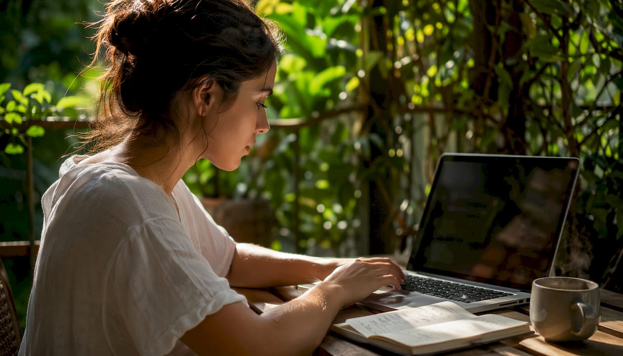 Eine Frau stellt am Laptop eine Playlist mit verschiedenen Musikrichtungen zusammen.