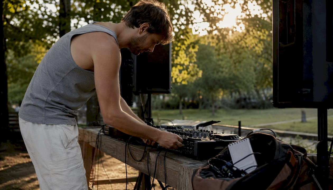 Transparentes DJ-Preismodell: Was es wirklich bedeutet 2 Ein DJ baut draußen seine Anlage auf und bereitet alles für seinen Auftritt vor.