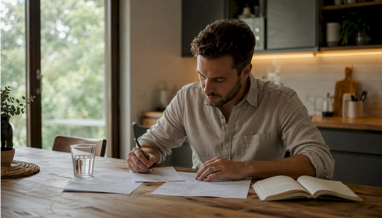 Jemand sortiert handschriftliche Notizen für die Hochzeits-Playlist.