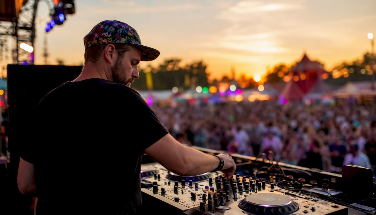 DJ bereitet sich am Mischpult auf die Messe vor – die letzten Handgriffe für den perfekten Sound.
