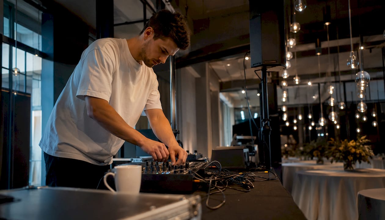Bevor die Gäste eintreffen, bringt der DJ sein Equipment auf Vordermann und sorgt dafür, dass der Sound perfekt abgestimmt ist.