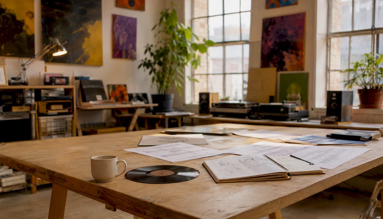Beispiele für Musikkonzepte: 12 Ideen für Events und Wissenschaft 2 Von oben aufgenommene Ansicht eines Schreibtisches, auf dem Unterlagen und Materialien für die Organisation einer Musikveranstaltung ausgebreitet sind.