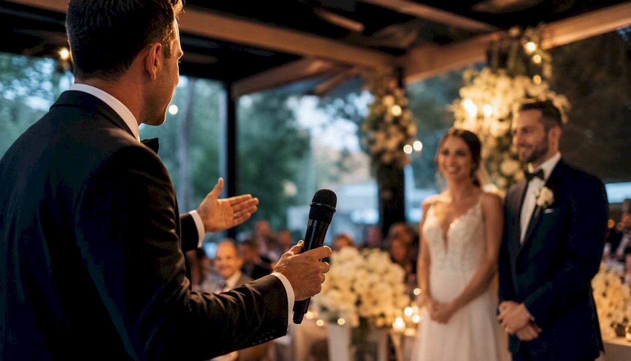 Der Hochzeitsmoderator steht mit dem Mikrofon bereit, um die Gäste herzlich zur Feier zu begrüßen.