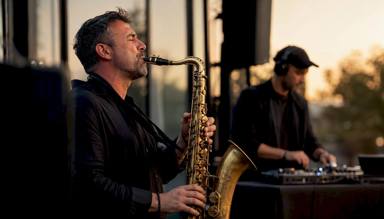 Ein Saxophonist und ein DJ sorgen gemeinsam für einzigartige Live-Musik und Party-Stimmung.