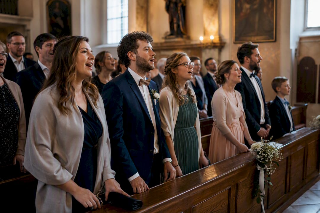 Die Hochzeitsgäste singen gemeinsam in der Kirche