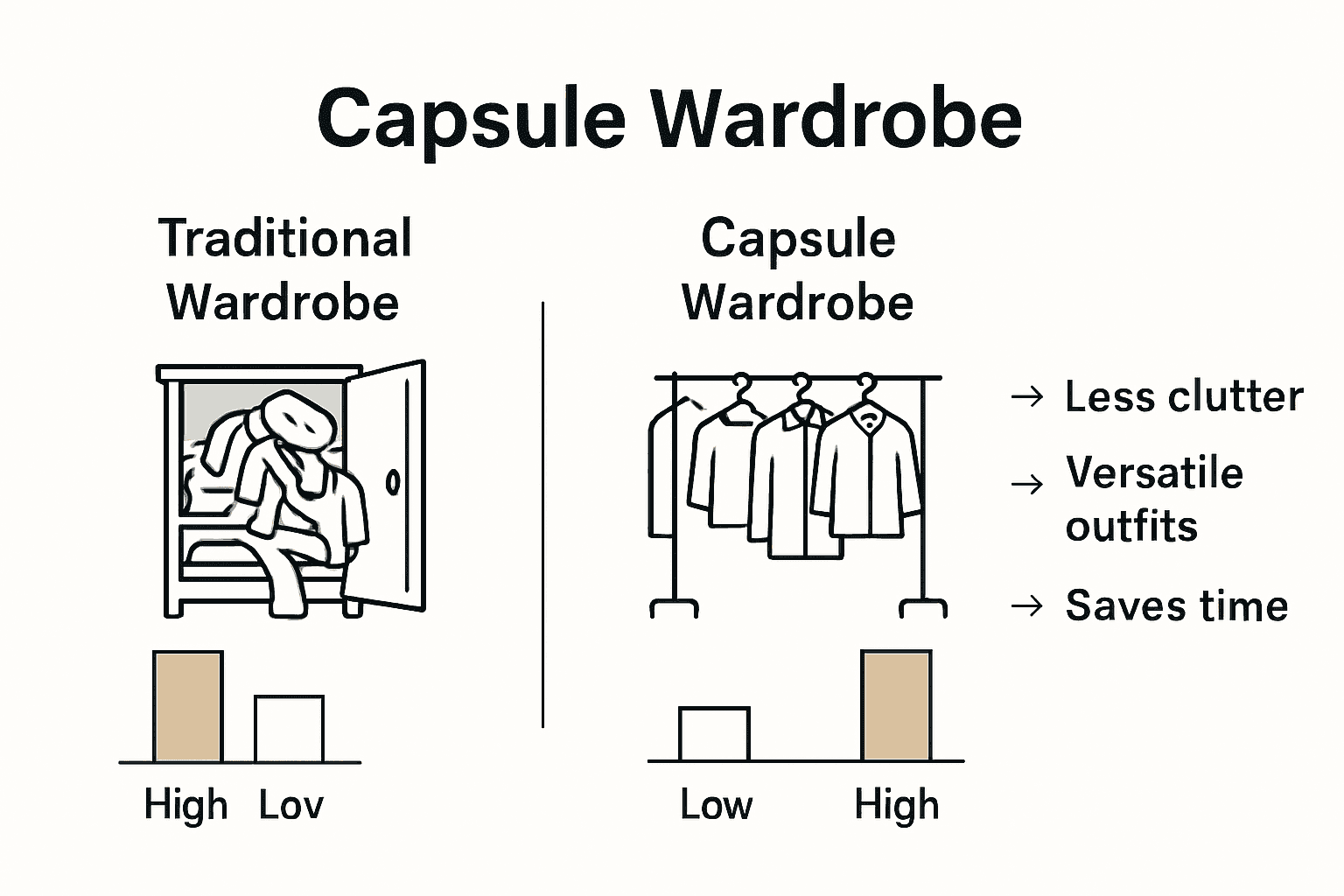 Infographic comparing traditional vs capsule wardrobe benefits using icons and charts