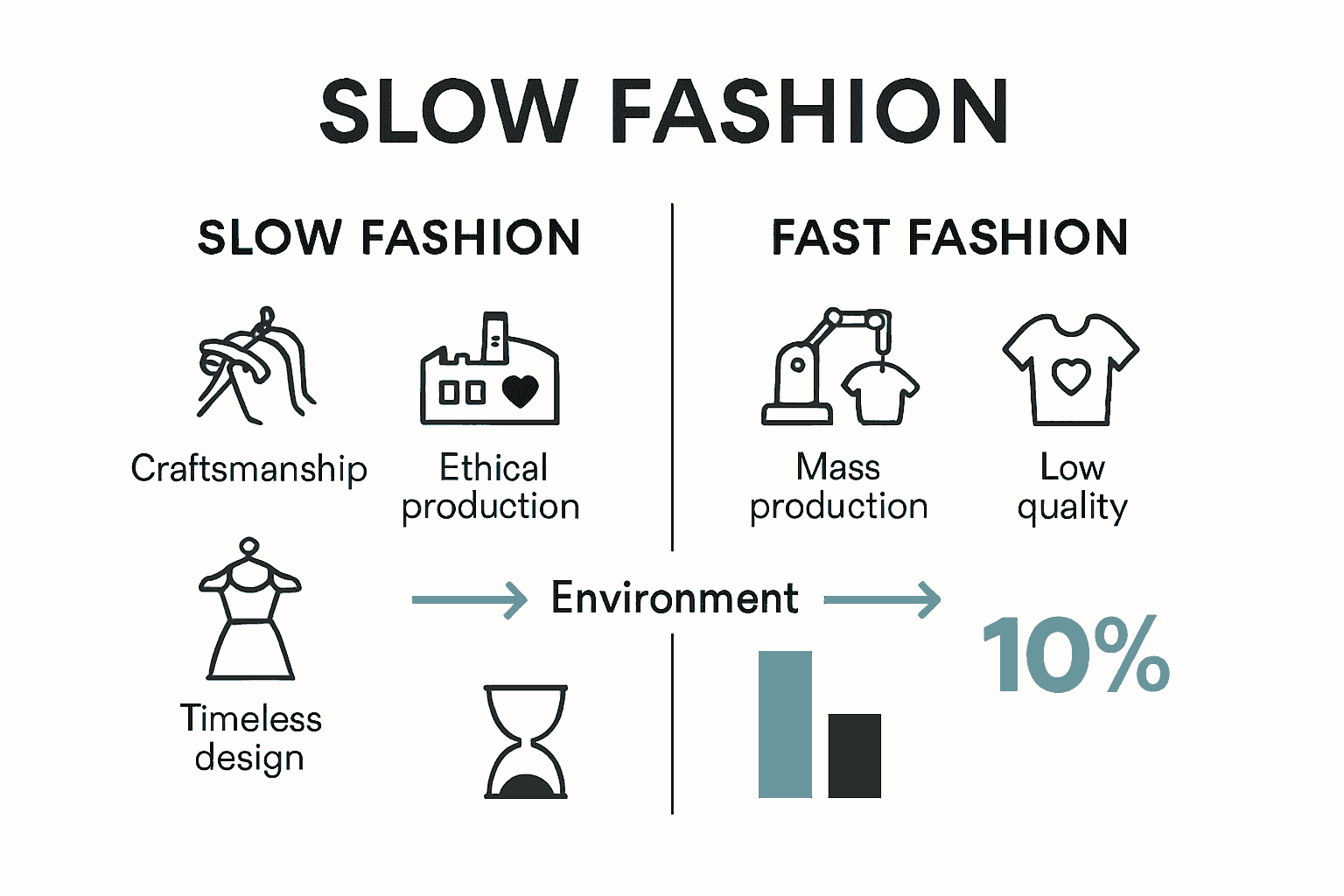Infographic comparing slow and fast fashion characteristics, impacts, and longevity.