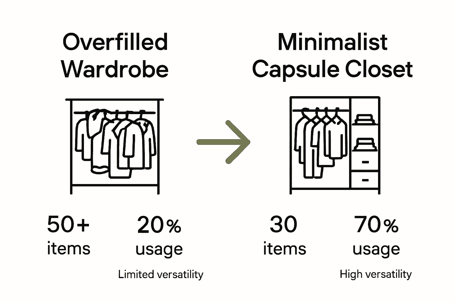 Infographic comparing cluttered closet and minimalist capsule wardrobe