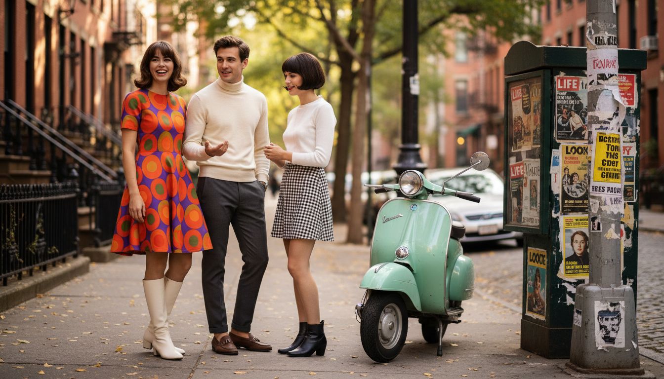 1960s fashion crowd on city street