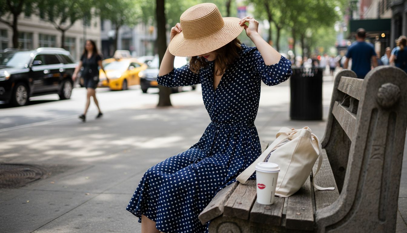 Woman in polka dot dress on city sidewalk