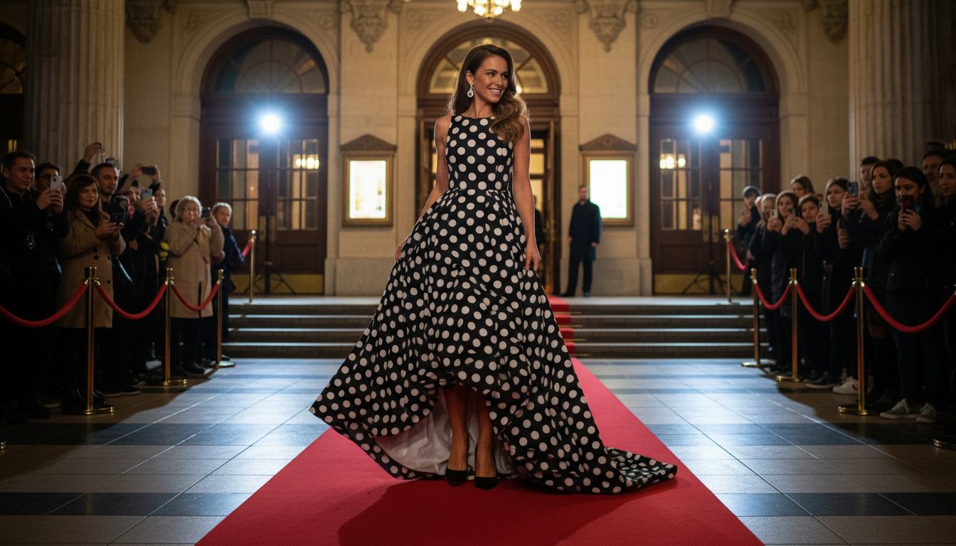 Model in polka dot gown on red carpet