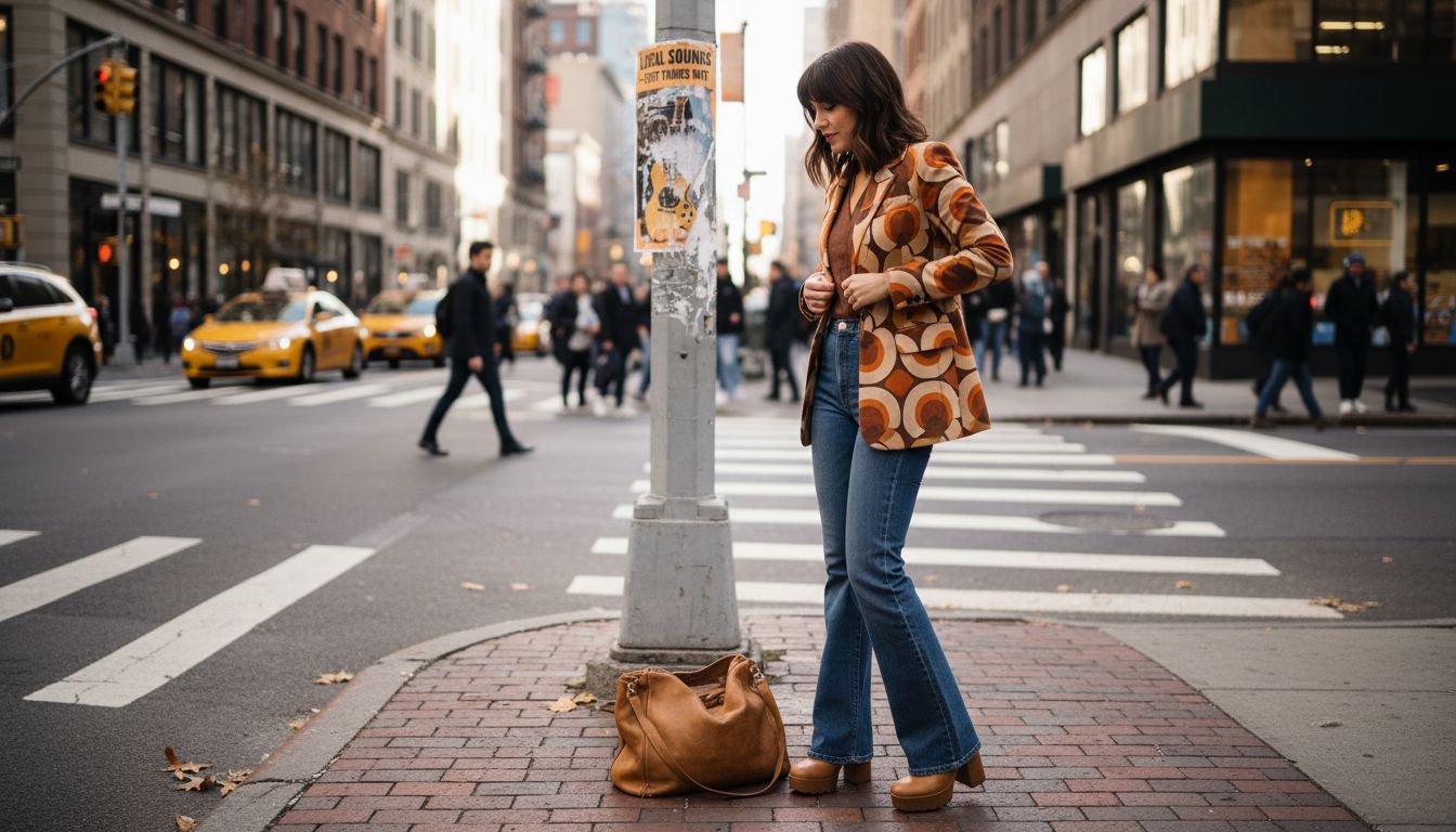 Woman in retro fashion at city crosswalk