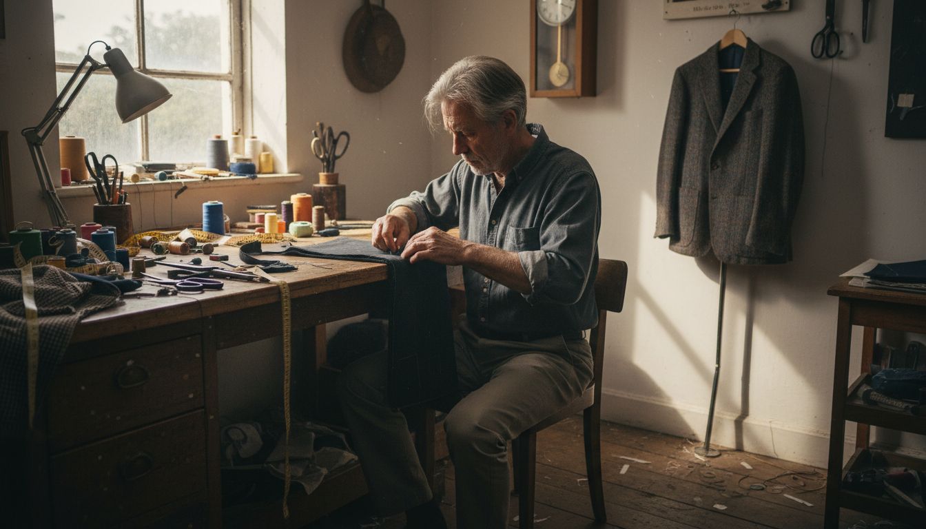 Tailor threading needle in workshop