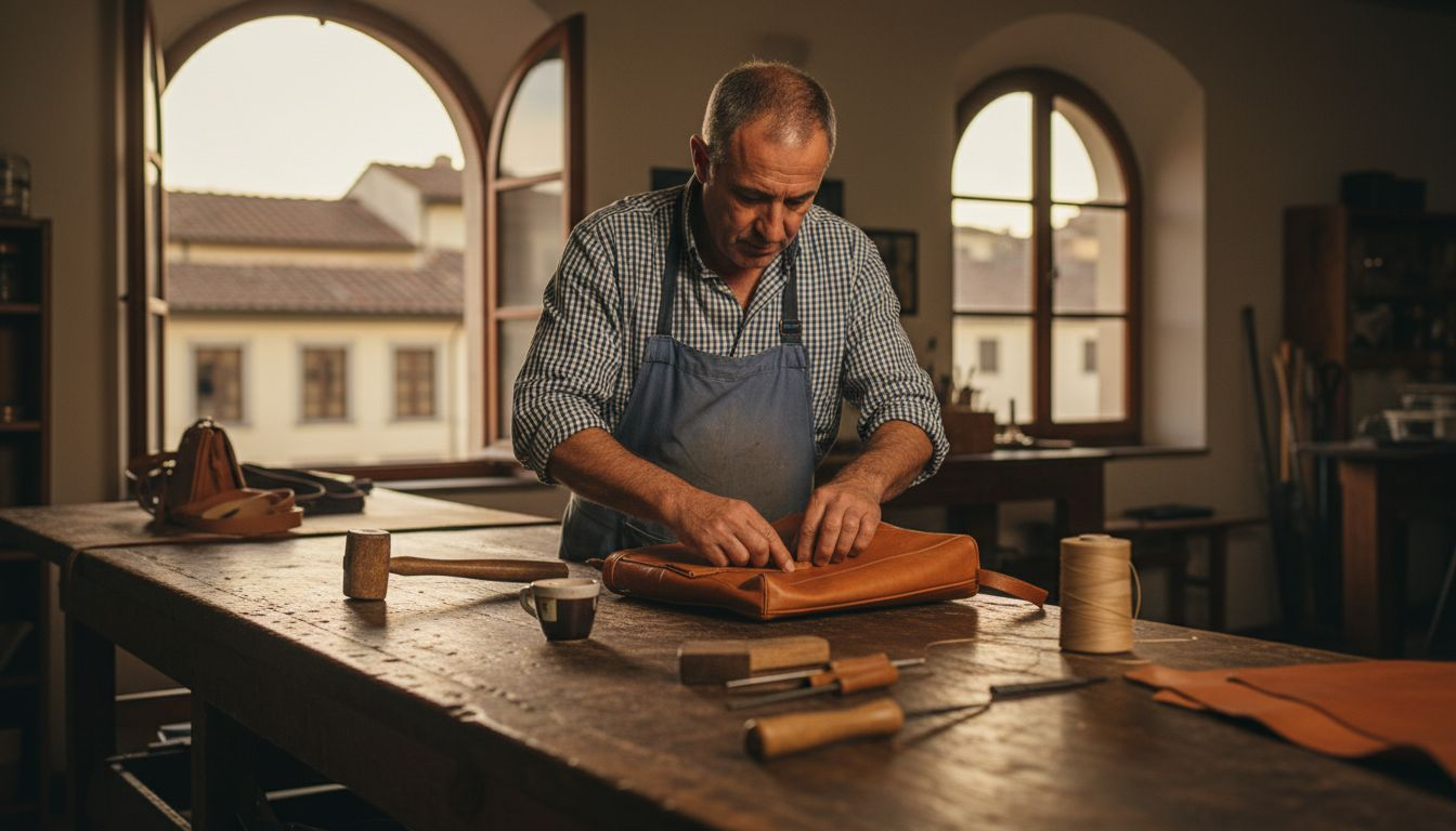Artisan crafting Italian leather handbag in workshop