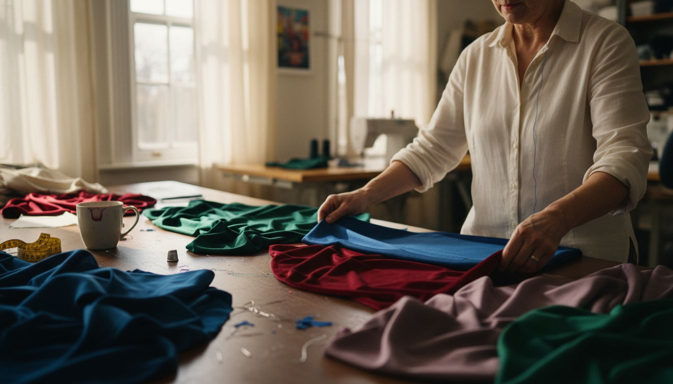 Seamstress choosing silk and velvet fabrics
