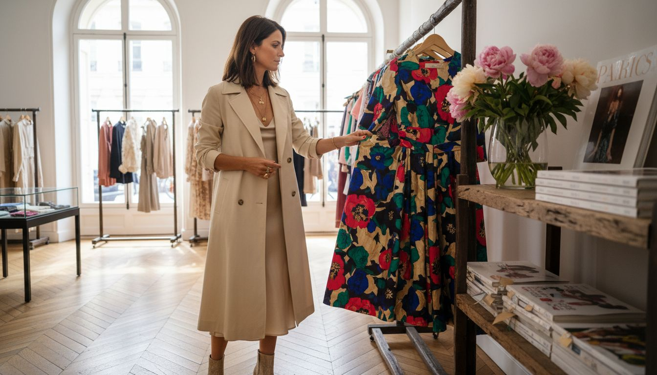 Woman examining printed dresses in luxury boutique