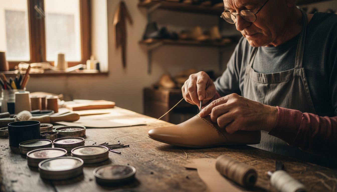 Italian shoemaker handcrafting leather flats
