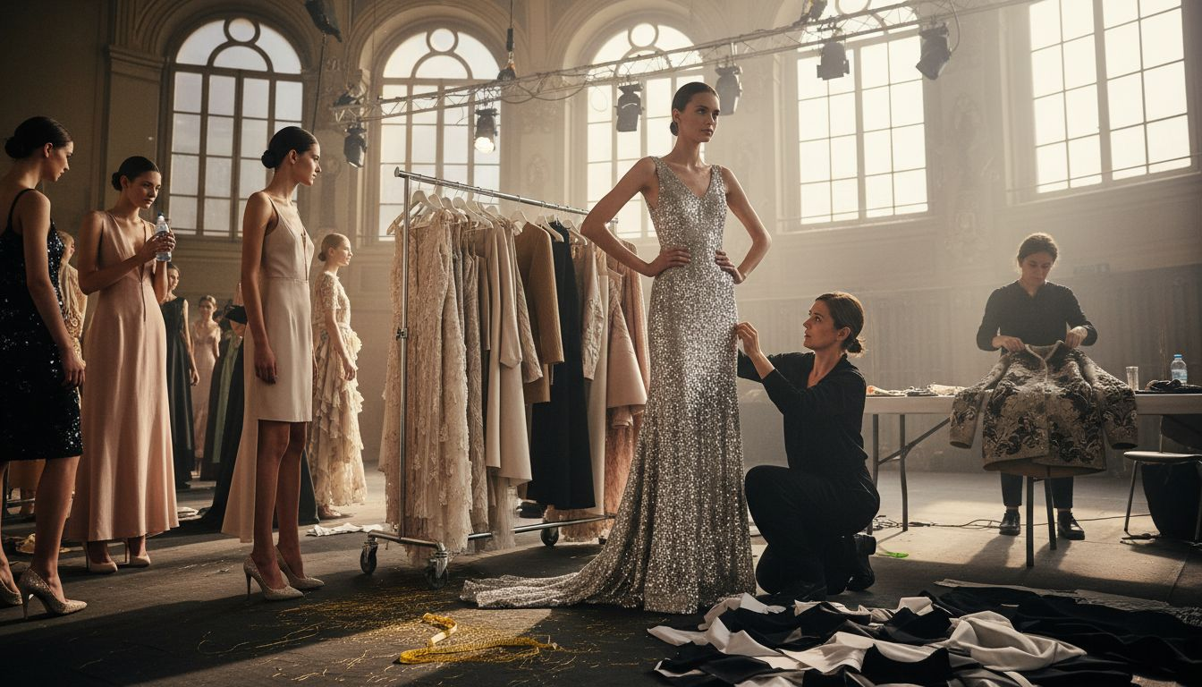 Designer adjusting gown backstage during fashion week