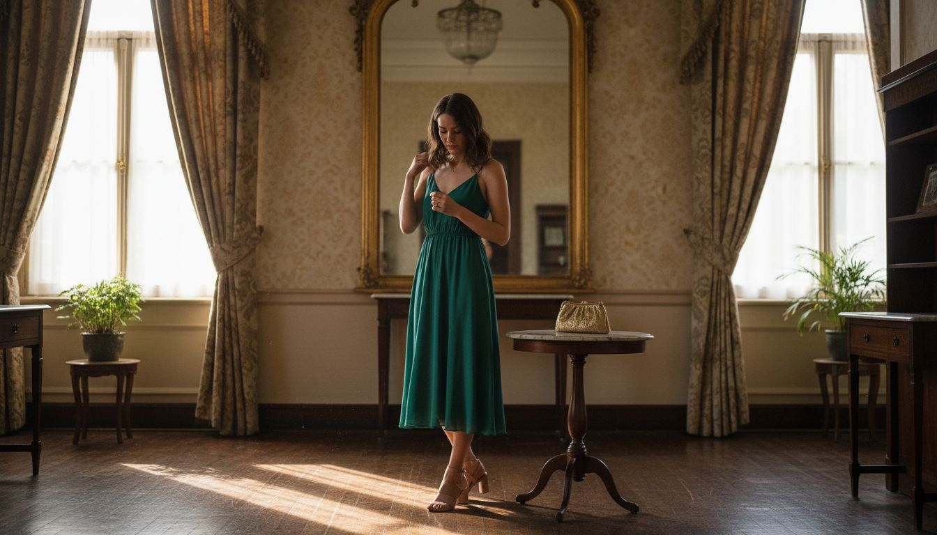Woman styling green dress in elegant hotel hall